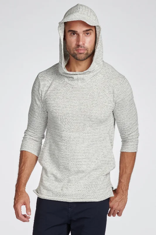 Men's slim crew hoodie-Men's Cambridge 3/4 Sleeve Cowl Neck Visor Hoodie Sweater - Light Grey Speck Stripe