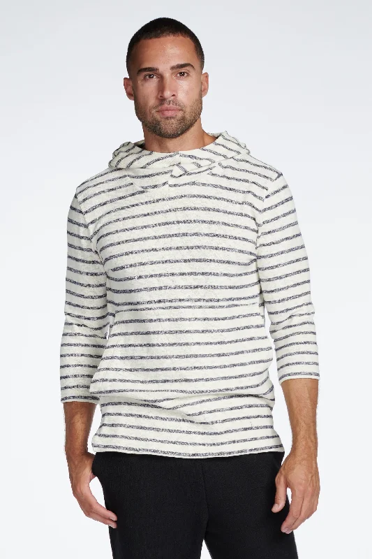 Men's trendy crew hoodie-Men's Cambridge 3/4 Sleeve Cowl Neck Visor Hoodie Sweater -  Slub Jersey Navy/Cream Stripe