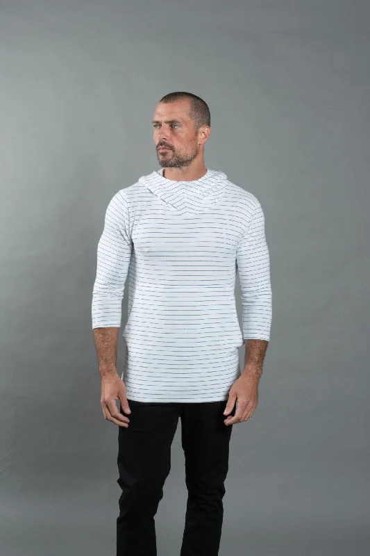 Men's durable fleece hoodie-Men's 3/4 Sleeve Cowl Neck Visor Hoodie - White & Navy Thin Stripe