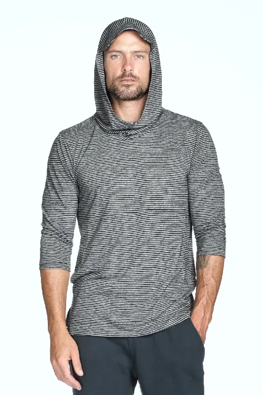 Men's cozy cotton hoodie-Men's 3/4 Sleeve Cowl Neck Visor Stripe Hoodie