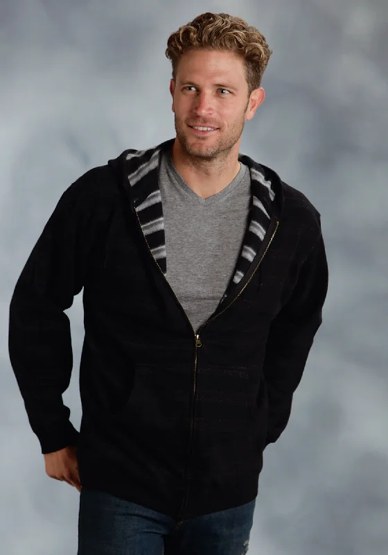 Men's modern fleece zip-up hoodie-Ouray Mens Black 100% Cotton USA Stripes Hoodie