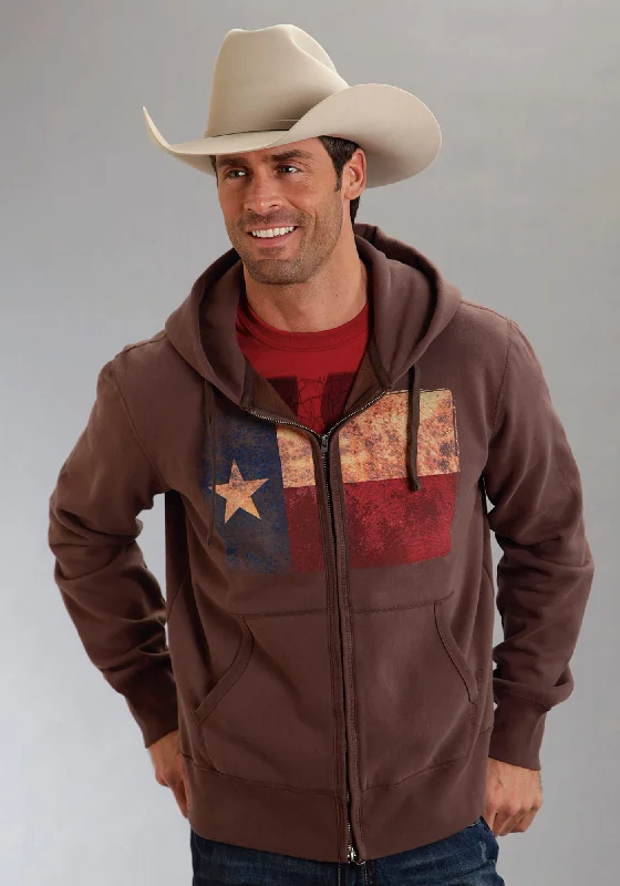 Men's warm pullover hoodie-Roper Americana Mens Brown L/S Cotton Blend Texas Flag Hoodie Sweatshirt