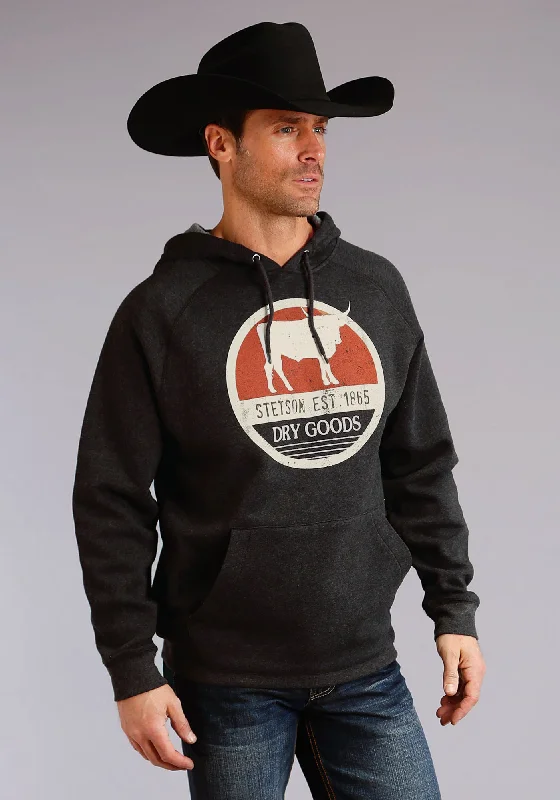 Men's warm zip-up hoodie-Stetson Dry Goods Mens Black Cotton Blend Longhorn Hoodie