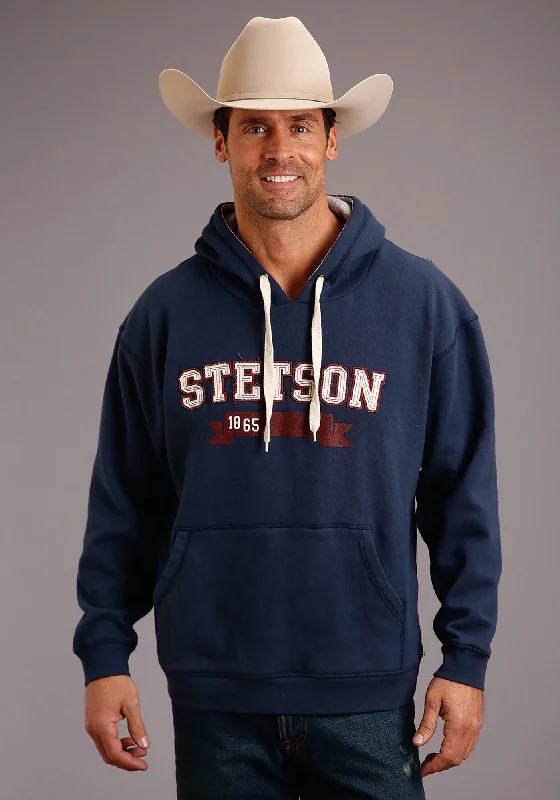 Men's soft cotton zip-up hoodie-Stetson Mens Navy Blue Cotton Blend 1865 Ribbon Hoodie