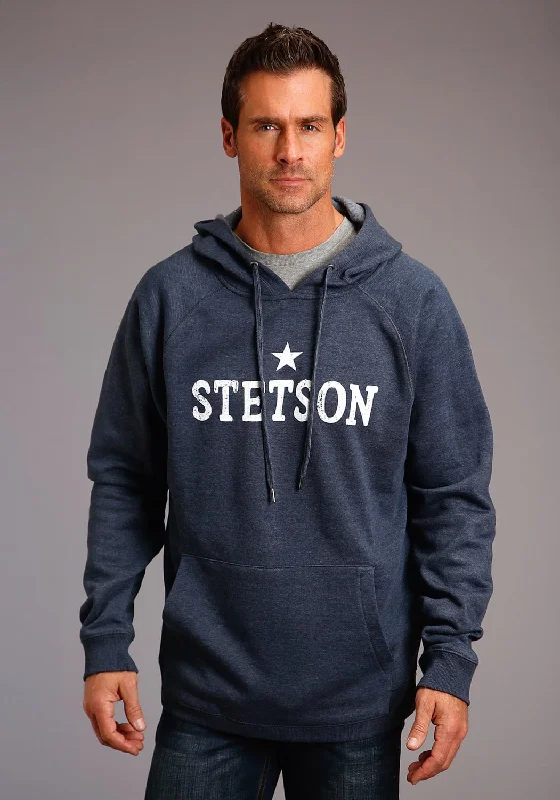 Men's trendy crew hoodie-Stetson Mens Blue Cotton Blend Bold Logo Star Hoodie