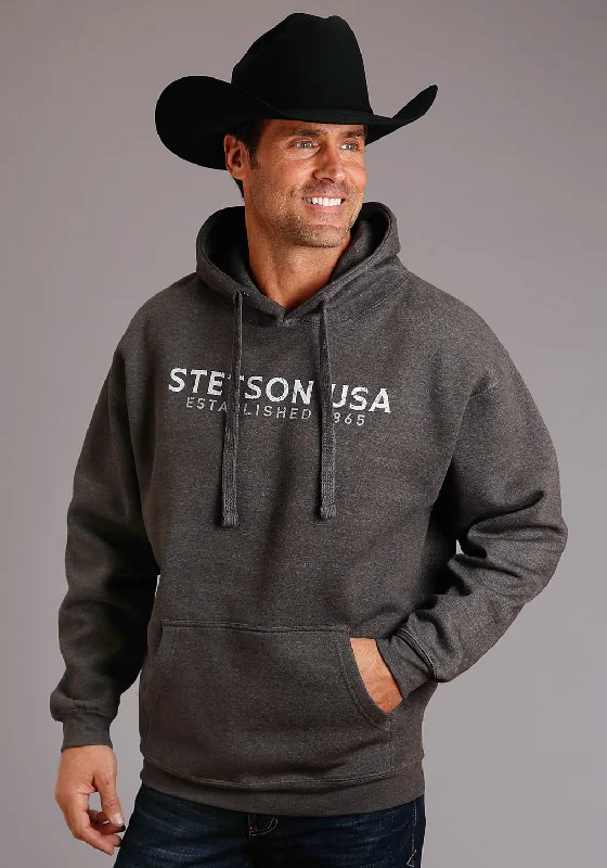 Men's soft oversized hoodie-Stetson Mens Charcoal Cotton Blend Distressed USA Hoodie