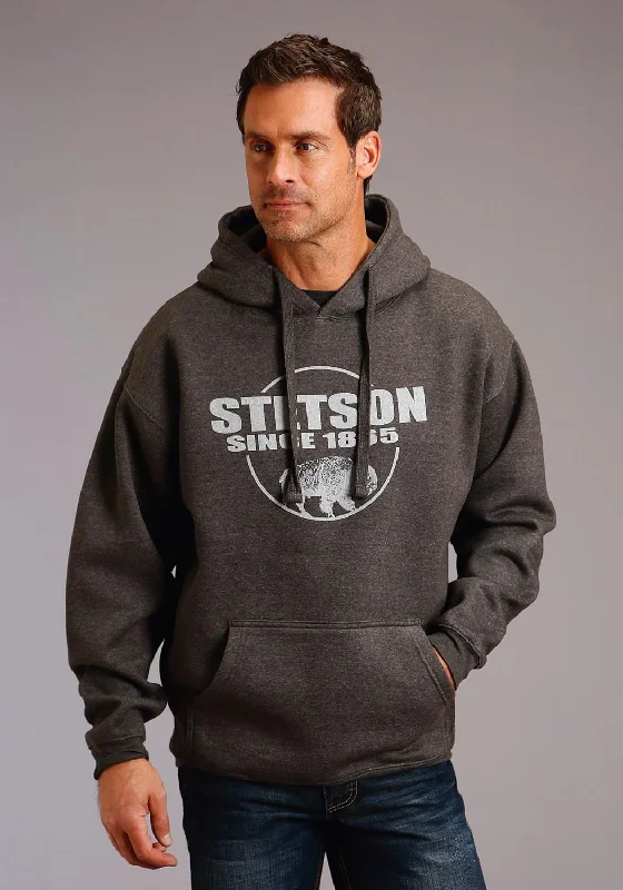 Men's trendy graphic hoodie-Stetson Mens Charcoal Grey Cotton Blend Bison Hoodie