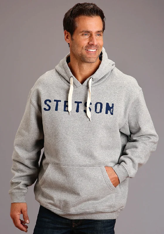 Men's warm pullover hoodie-Stetson Mens Grey Cotton Blend Navy Logo Hoodie