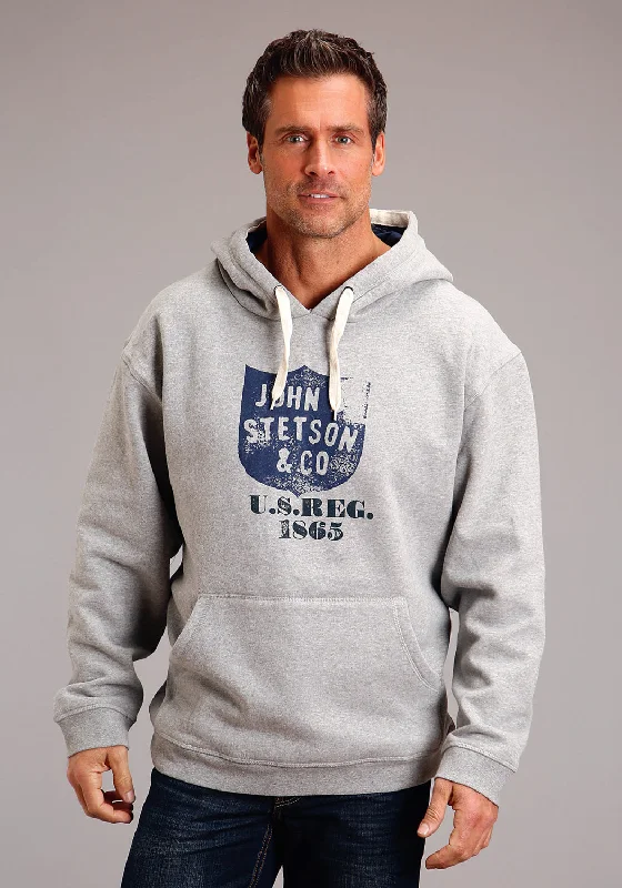 Men's cozy zip hoodie-Stetson Mens Heather Grey Cotton Blend Distressed Shield Crest Hoodie