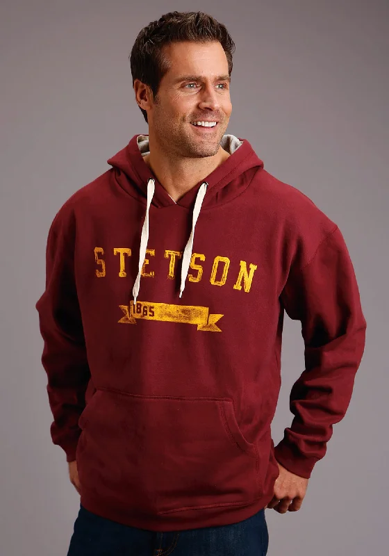 Men's trendy athletic hoodie-Stetson Mens Maroon Cotton Blend Est Ribbon Hoodie