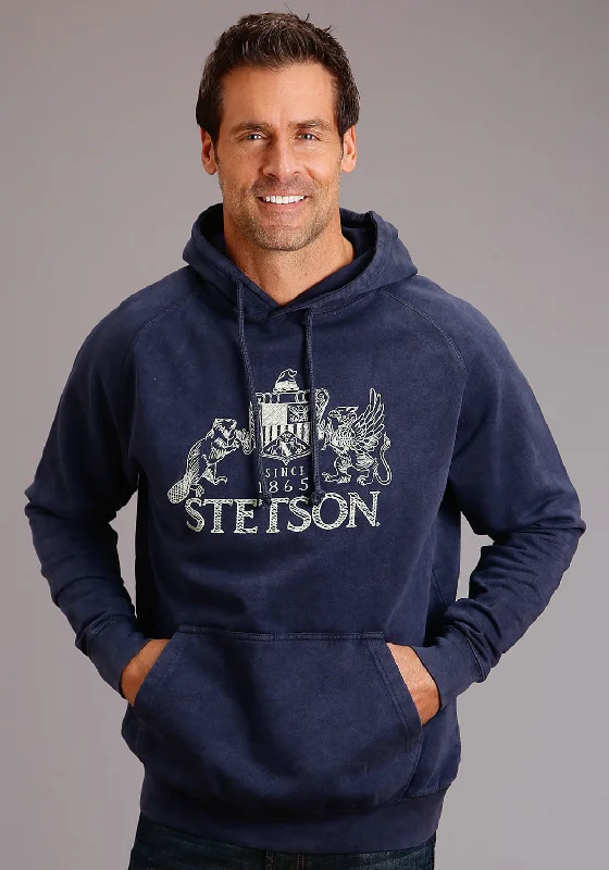 Men's lightweight fleece hoodie-Stetson Mens Navy Cotton Blend Vintage Wash Shield Logo Hoodie