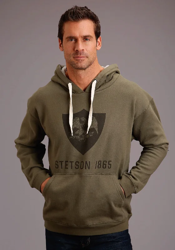 Men's trendy crew hoodie-Stetson Mens Olive Green Cotton Blend Eagle Hoodie