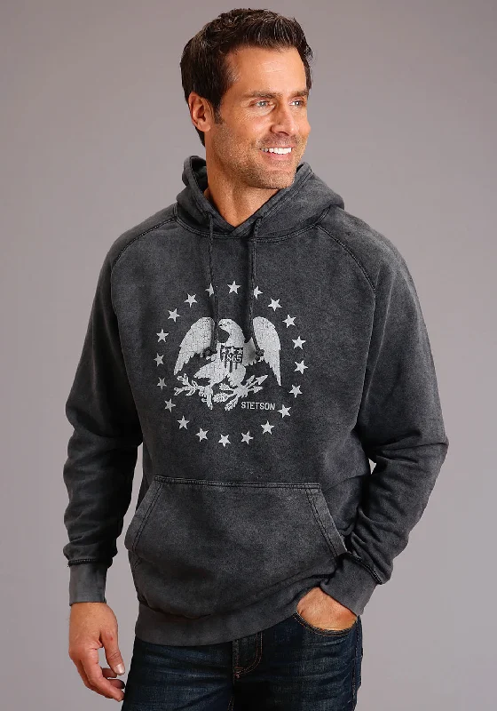 Men's soft athletic hoodie-Stetson Mens Washed Black Cotton Blend Eagle and Star Hoodie