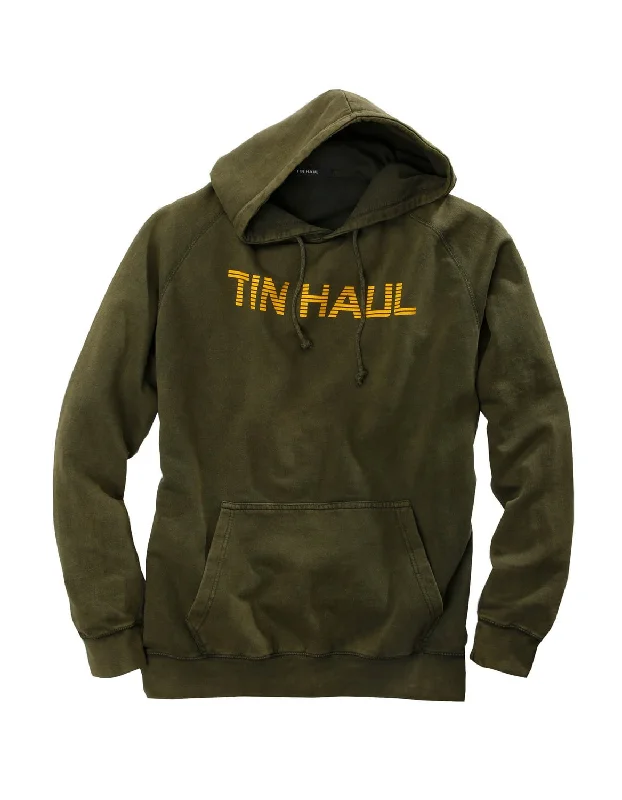 Men's stylish oversized hoodie-Tin Haul Mens Olive 100% Cotton Wording in Gold Hoodie