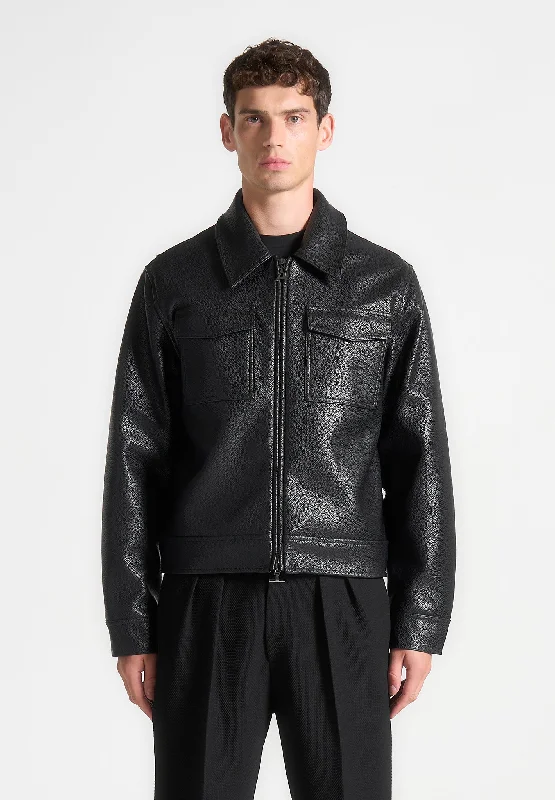 Men's casual bomber jacket-Grained Leather Jacket - Black