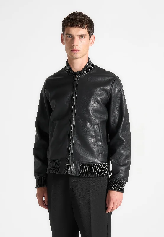 Men's slim fit leather jacket-Leather Bomber Jacket - Black