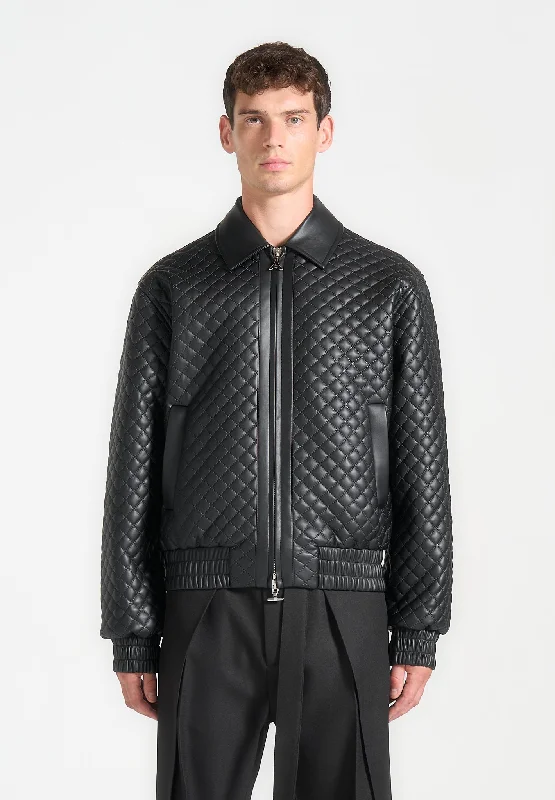 Men's rugged bomber jacket-Quilted Leather Varsity Jacket - Black