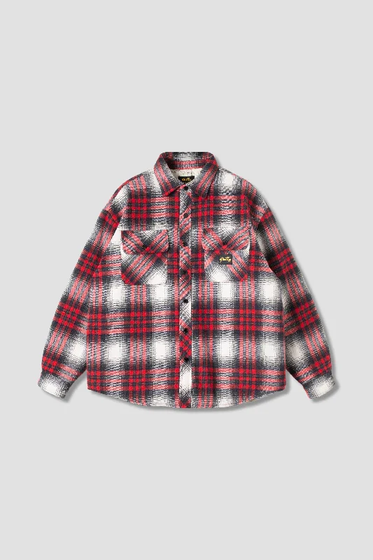 Men's insulated denim jacket-Quilted Plaid Overshirt (Red Plaid)