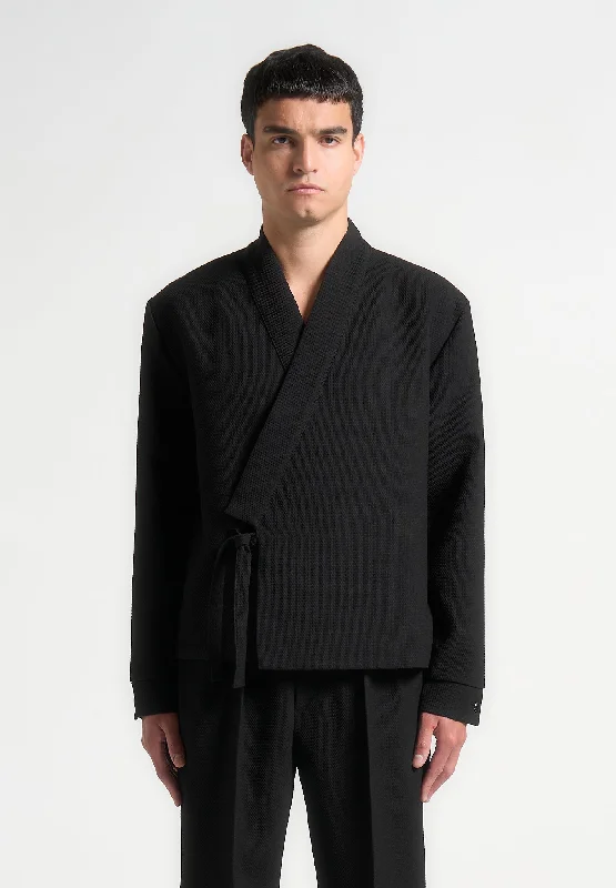 Men's trendy fleece jacket-Textured Kimono Wrap Jacket - Black