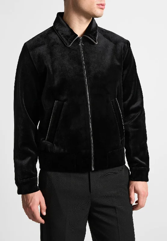 Men's warm denim jacket-Velvet Jacket with Contrast Piping - Black