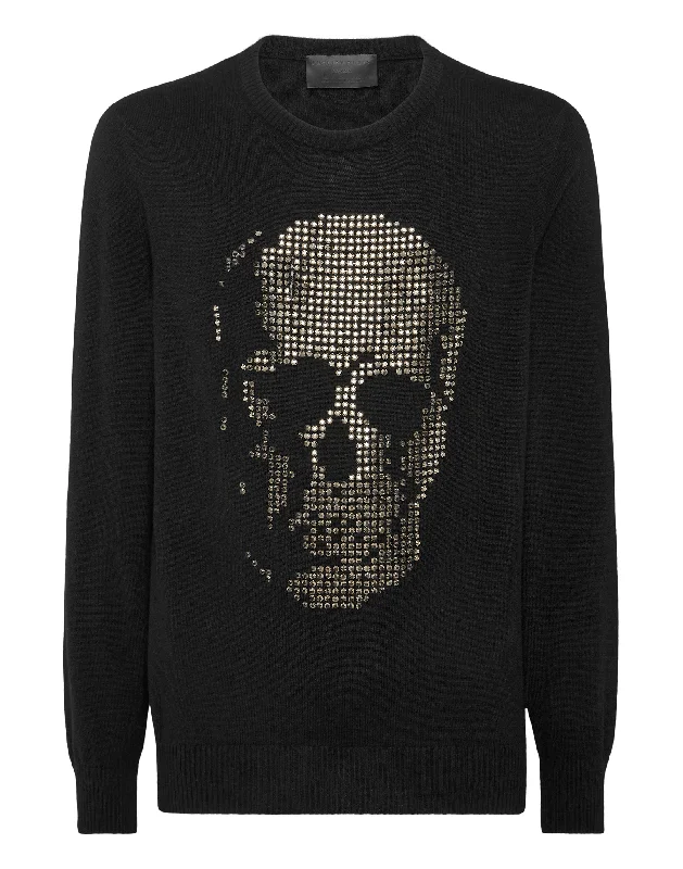 Men's cable knit pullover sweater-Cashmere Pullover Round Neck LS Skull strass