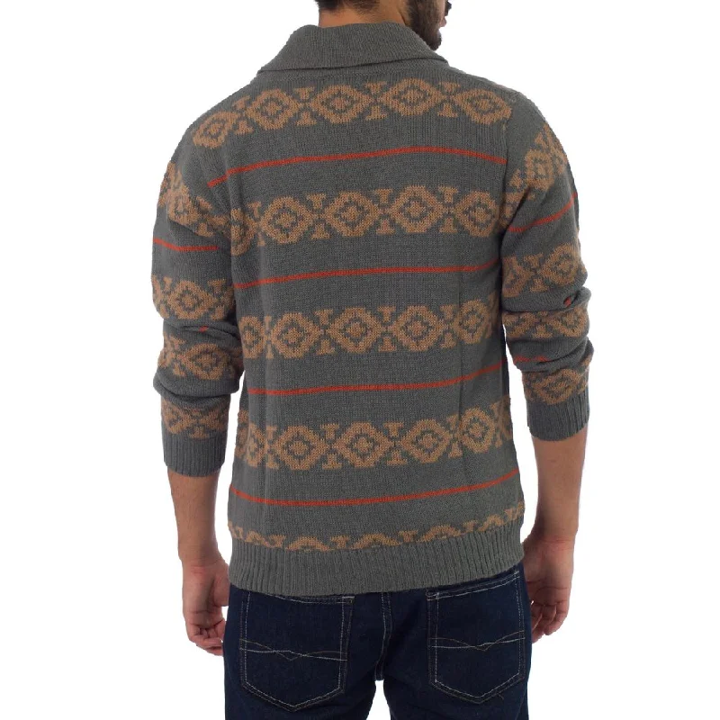 Men's modern crew sweater-Handmade Men's Chakana Traveler' Cardigan (Peru)