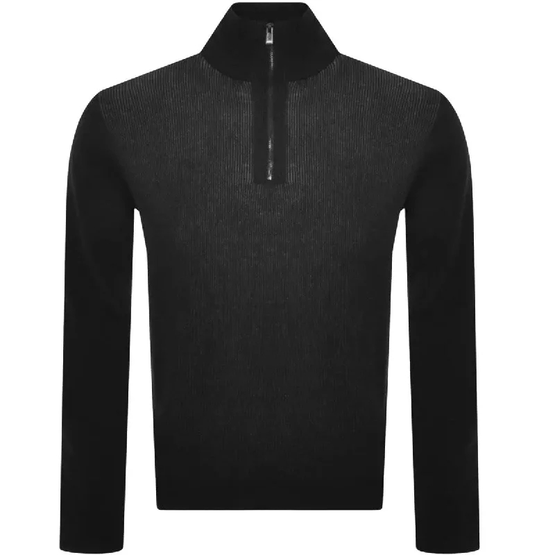 Men's casual turtleneck sweater-Hugo Boss Men's Ofilato Black Ribbed Knit Virgin Wool Half Zip Sweater