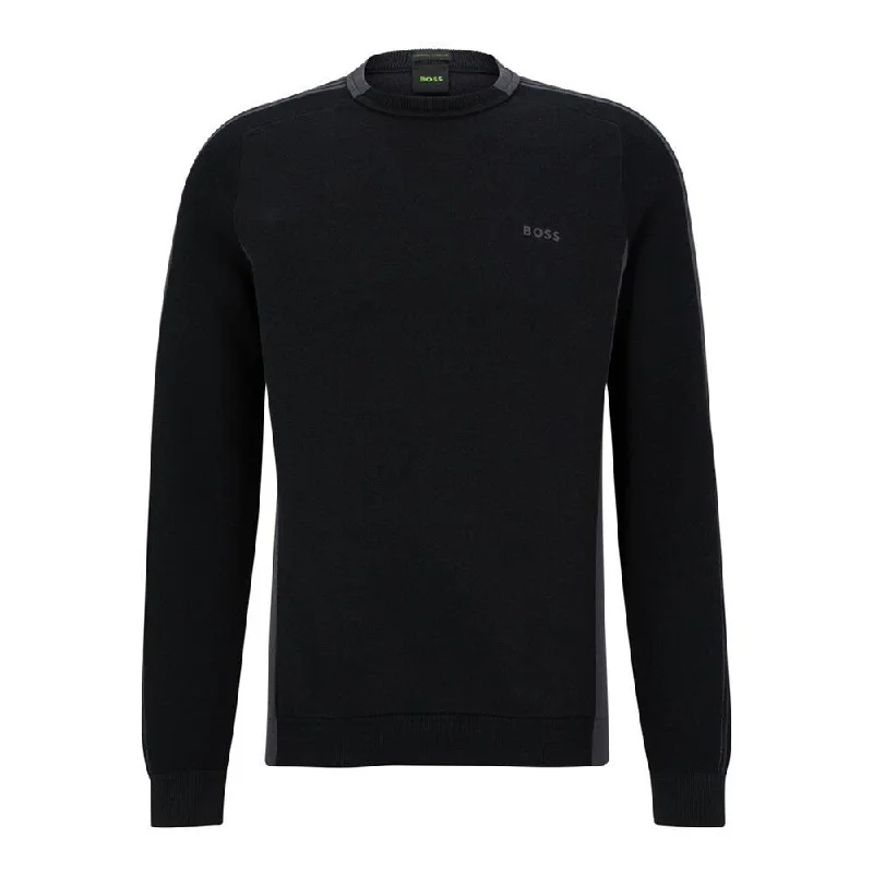 Men's lightweight knit pullover-Hugo Boss Men's Rinos Black Cotton Sweater with Logo Detail on Sleeves