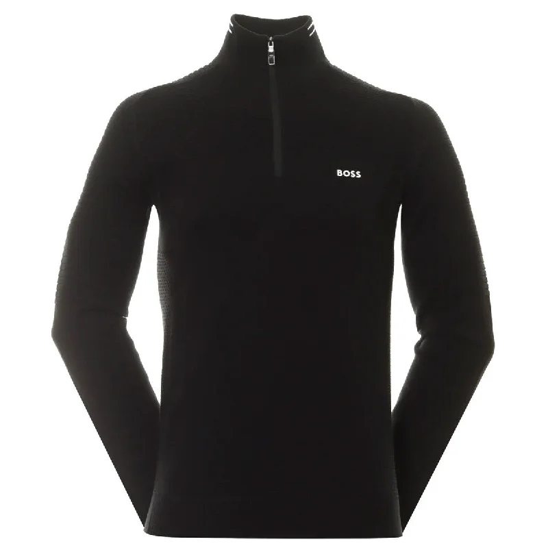 Men's slim turtleneck sweater-Hugo Boss Men's Zolet Black Cotton Half Zip Sweater