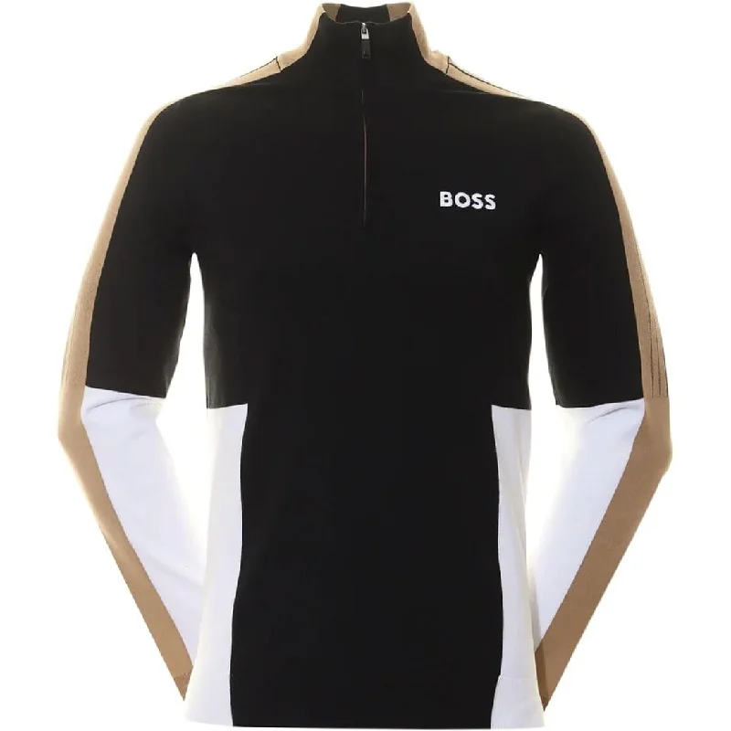 Men's luxury knit sweater-Hugo Boss Men's Zolkar Black Cotton Knit Color Block Half Zip Sweater