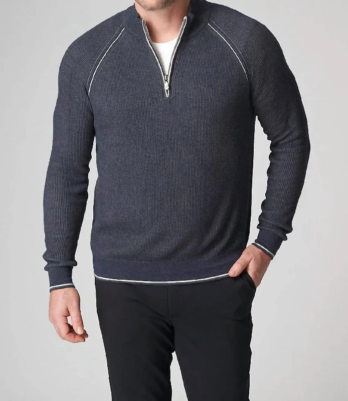 Men's chunky cotton sweater-Long Sleeve English Rib Zip Mock Sweater In Midnight