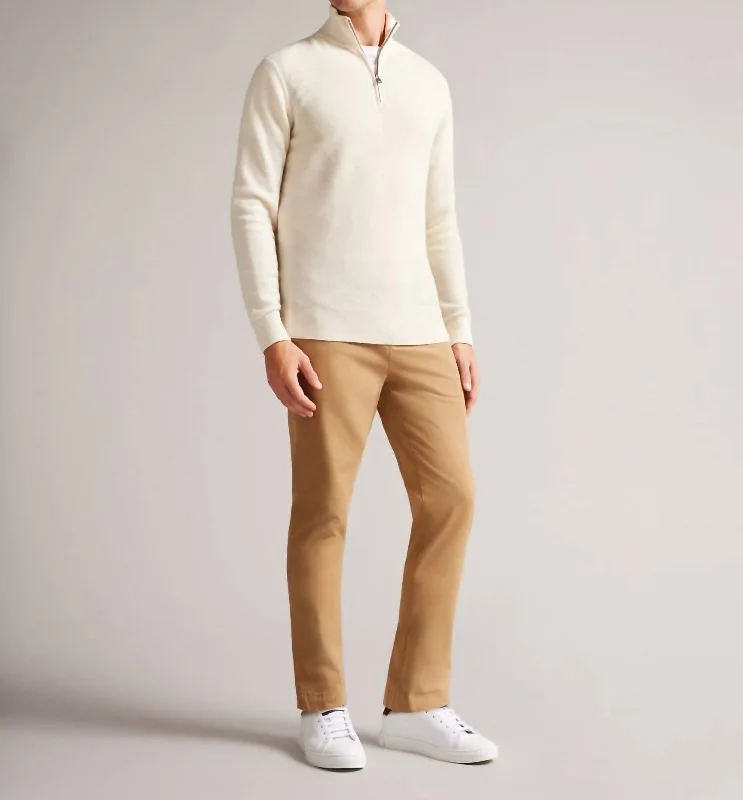 Men's luxury chunky sweater-Men's Meaddo Funnel Neck Half Zip Sweater In Natural