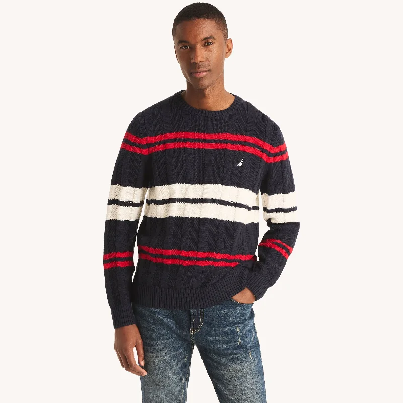 Men's casual v-neck cardigan-Nautica Mens Striped Cable-Knit Sweater