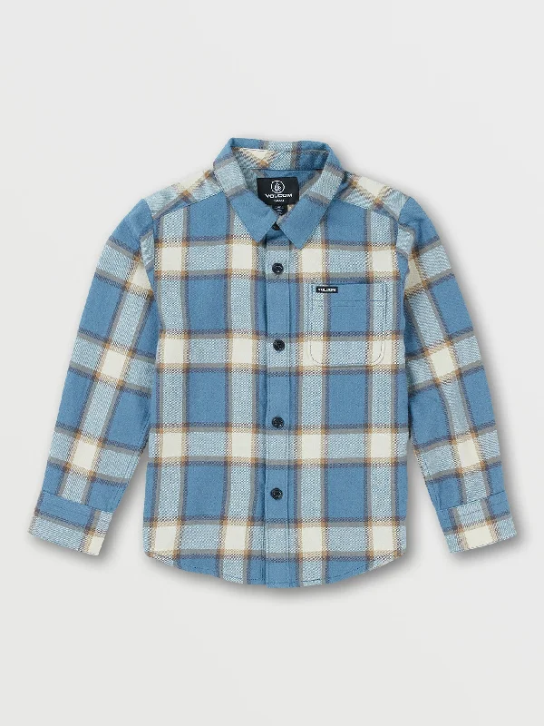 Men's short-sleeve button-up shirt-Little Boys Caden Plaid Long Sleeve Flannel - Slate Blue