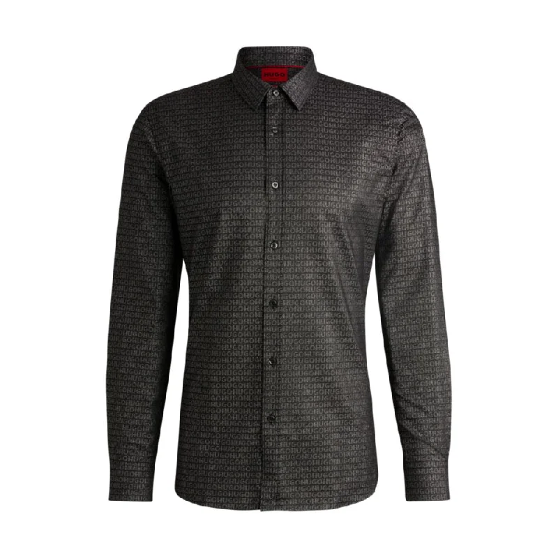 Men's long-sleeve checkered shirt-Extra-slim-fit shirt in logo-jacquard cotton