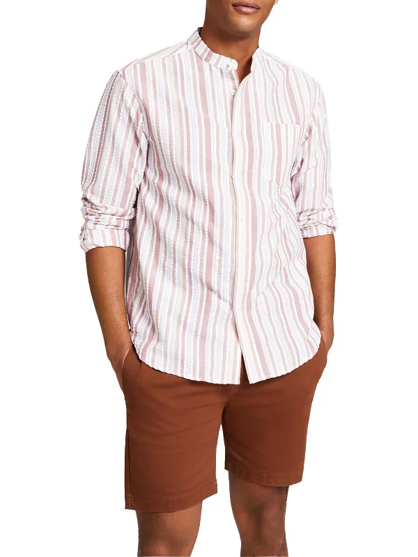 Men's relaxed linen shirt-Mens Banded Collar Striped Button-Down Shirt