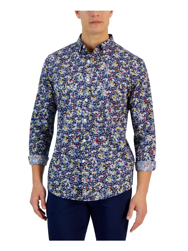 Men's casual striped shirt-Mens Cotton Floral Button-Down Shirt