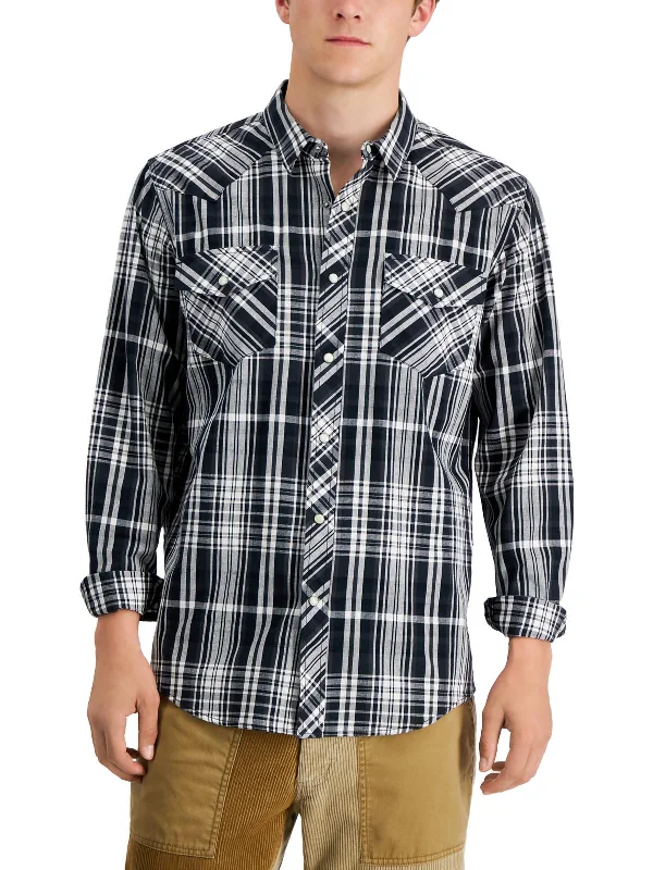 Men's trendy formal shirt-Mens Cotton Plaid Button-Down Shirt