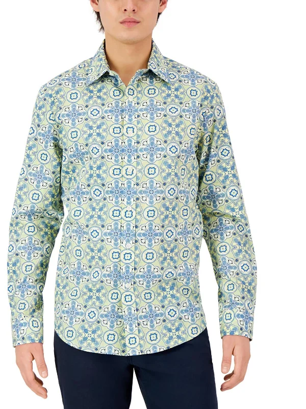 Men's long-sleeve casual shirt-Mens Cotton Printed Button-Down Shirt