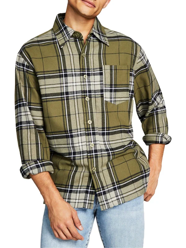 Men's lightweight linen shirt-Mens Flannel Plaid Button-Down Shirt