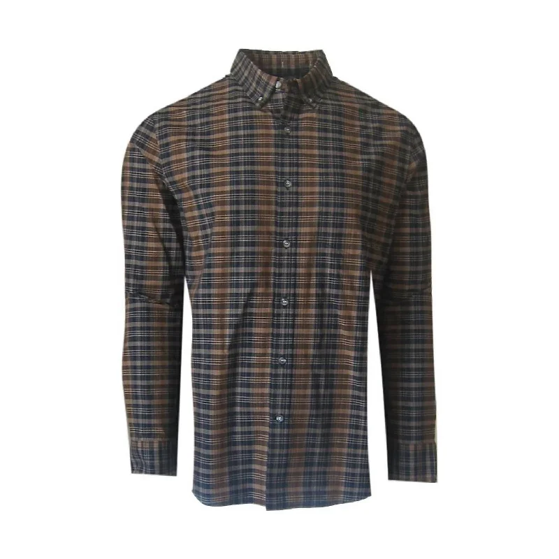 Men's slim fit dress shirt-Men's Long Sleeves Plaid Shirt In Copper/brown