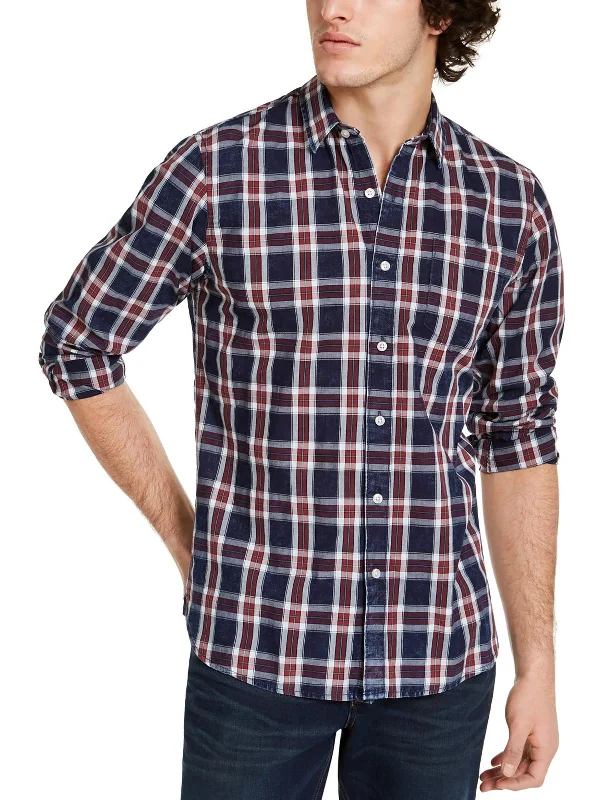 Men's casual striped shirt-Mens Plaid Cotton Button-Down Shirt