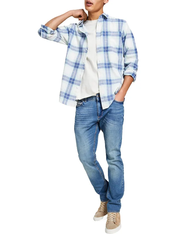 Men's trendy slim shirt-Mens Plaid Cotton Button-Down Shirt