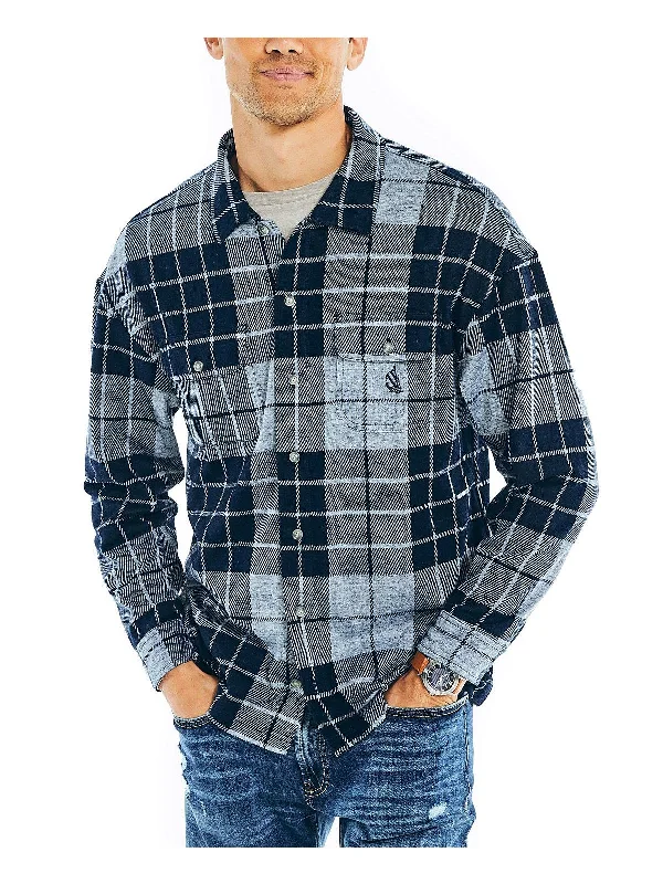 Men's casual button-up shirt-Mens Plaid Knit Button-Down Shirt