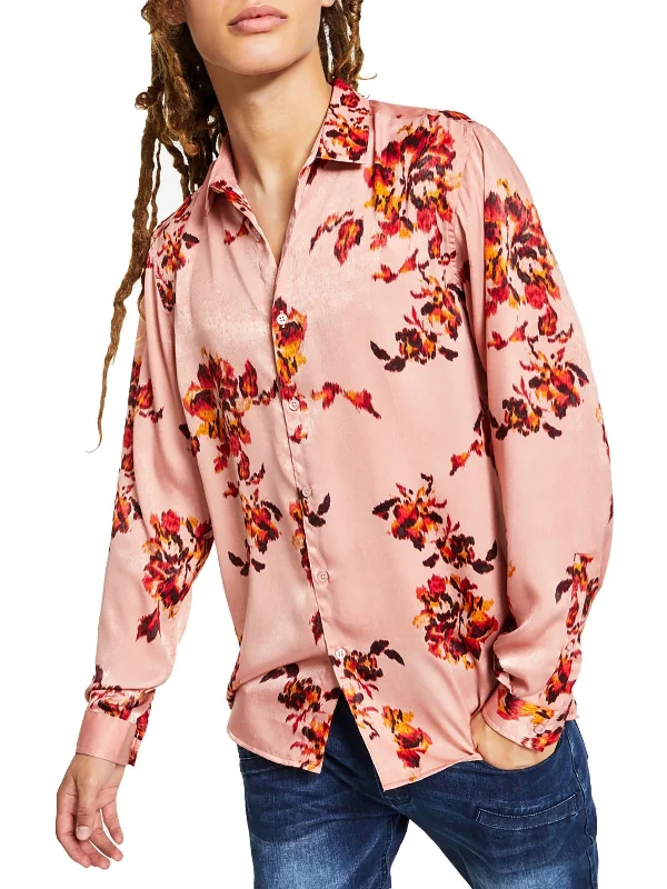 Men's short-sleeve casual shirt-Mens Satin Floral Button-Down Shirt