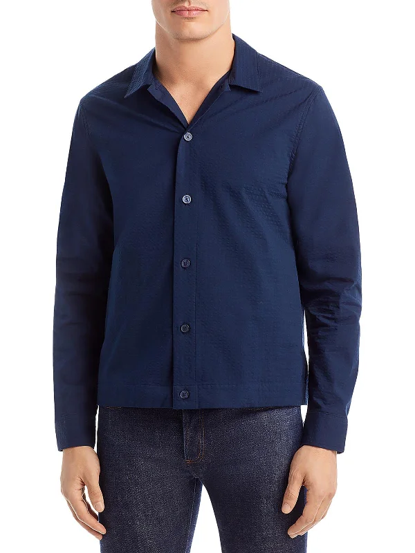 Men's soft business shirt-Mens Seersucker Collar Button-Down Shirt