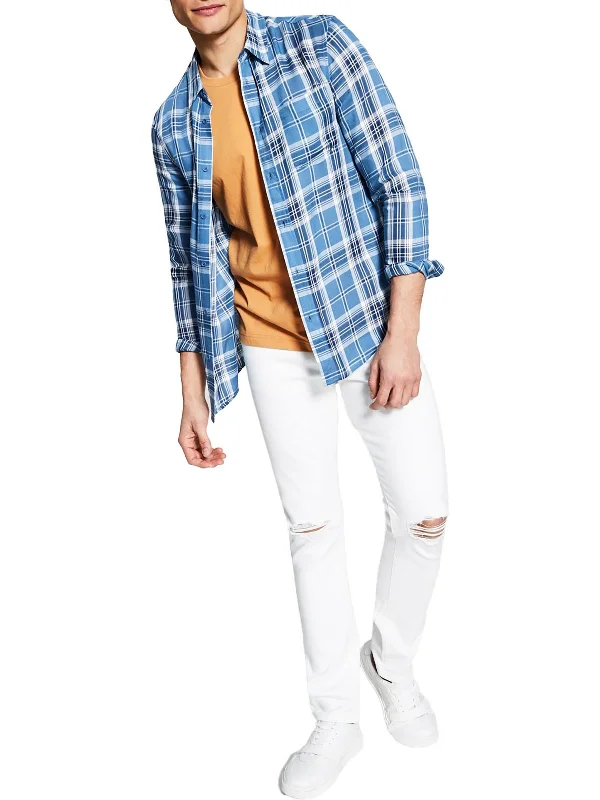 Men's casual white shirt-Mens Woven Plaid Button-Down Shirt