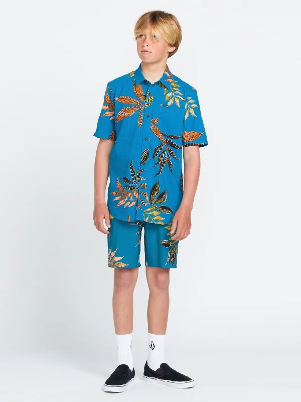 Men's long-sleeve linen shirt-Big Boys Paradiso Floral Short Sleeve Shirt - Ocean Teal