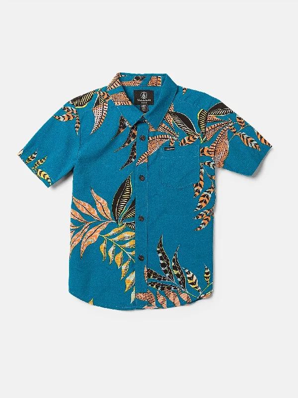 Men's short-sleeve checkered shirt-Little Boys Paradiso Floral Short Sleeve Shirt - Ocean Teal