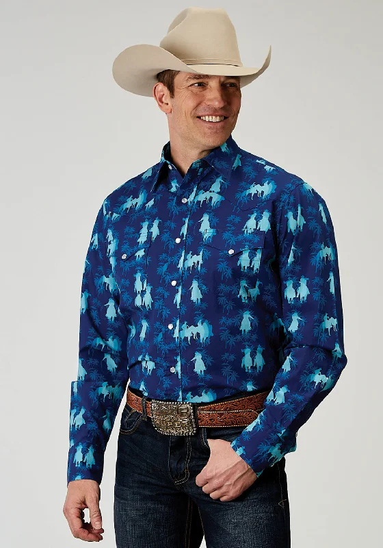 Men's lightweight summer shirt-Roper Mens 1907 Hawaiian Ombre Blue 100% Cotton L/S Shirt